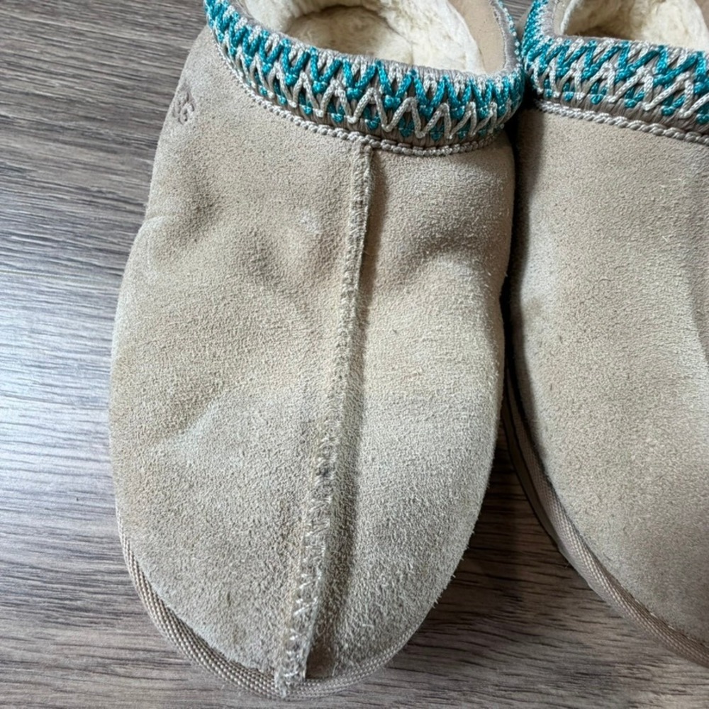 UGG Kids Tasman Suede Slippers Tan Teal Braid Trim Size 4 1019066K Slide Casual - Picture 5 of 16